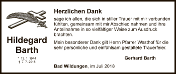 Traueranzeige von Hildegard Barth von WLZ