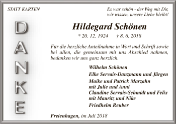 Traueranzeige von Hildegard Schönen von WLZ