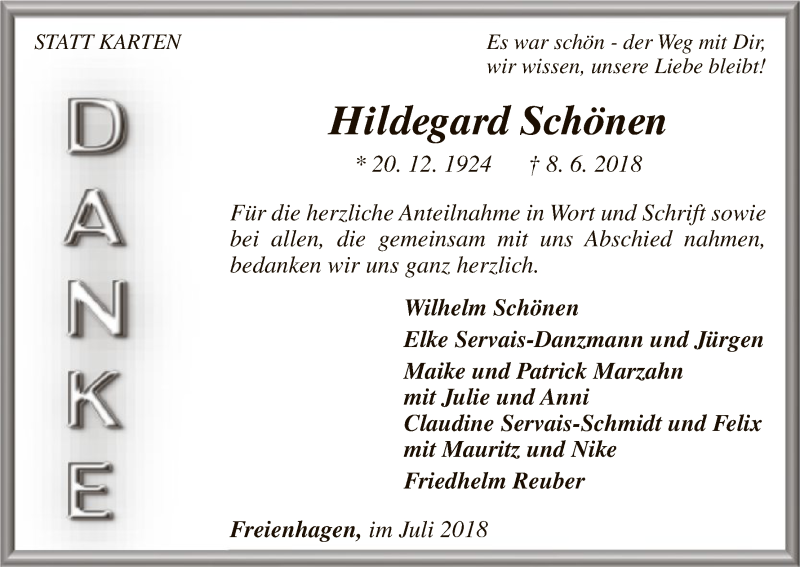  Traueranzeige für Hildegard Schönen vom 07.07.2018 aus WLZ