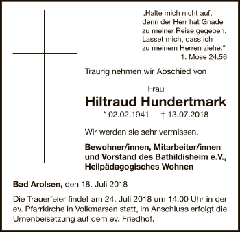 Traueranzeige von Hiltraud Hundertmark von WLZ