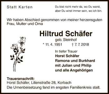 Traueranzeige von Hiltrud Schäfer von WLZ