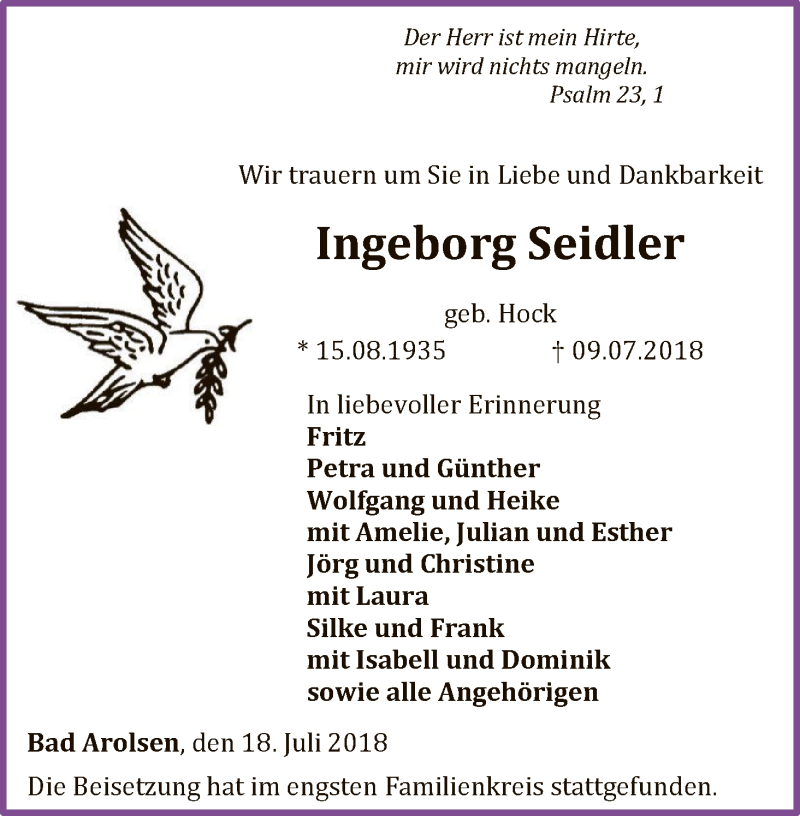 Traueranzeige für Ingeborg Seidler vom 18.07.2018 aus WLZ