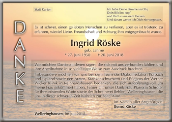 Traueranzeige von Ingrid Röske von WLZ