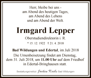 Traueranzeige von Irmgard Lepper von WLZ