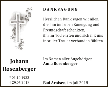 Traueranzeige von Johann Rosenberger von WLZ