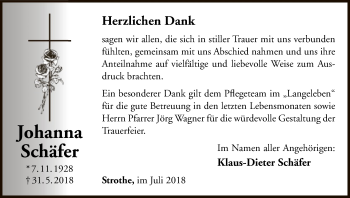 Traueranzeige von Johanna Schäfer von WLZ