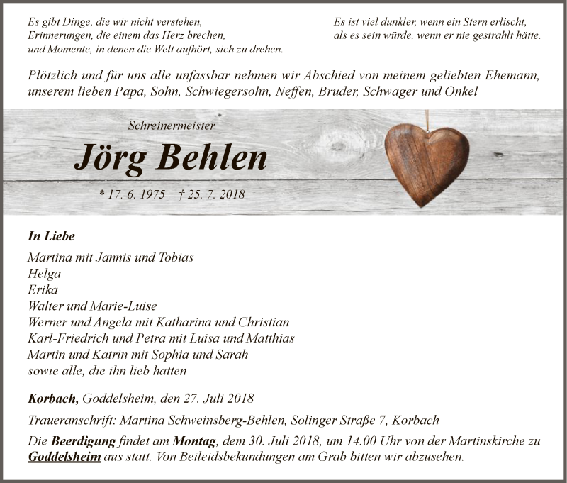 Traueranzeige für Jörg Behlen vom 27.07.2018 aus WLZ