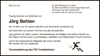 Traueranzeige von Jörg Behlen von WLZ