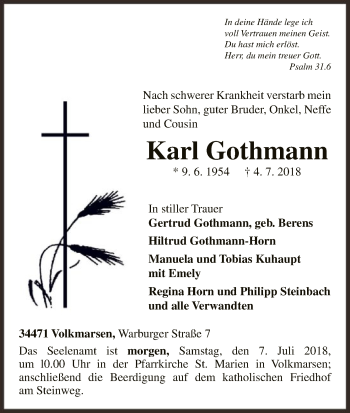 Traueranzeige von Karl Gothmann von WLZ