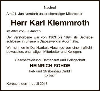 Traueranzeige von Karl Klemmroth von WLZ