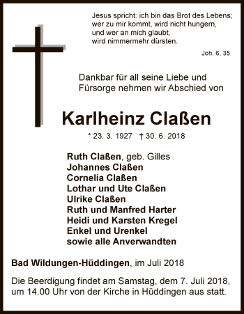 Traueranzeige von Karlheinz Claßen von WLZ