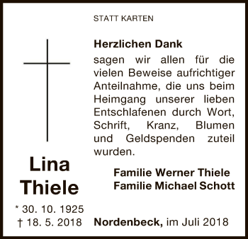 Traueranzeige von Lina Thiele von WLZ