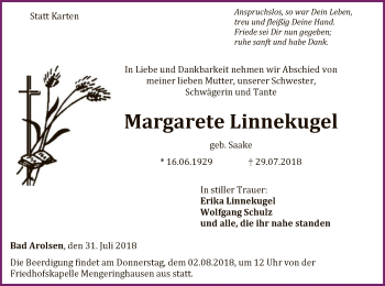 Traueranzeige von Margarete Linnekugel von WLZ