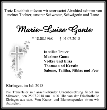 Traueranzeige von Marie-Luise Gante von WLZ