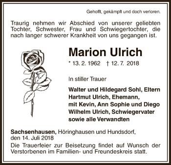 Traueranzeige von Marion Ulrich von WLZ