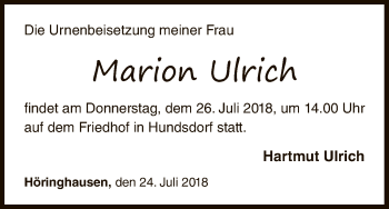 Traueranzeige von Marion Ulrich von WLZ