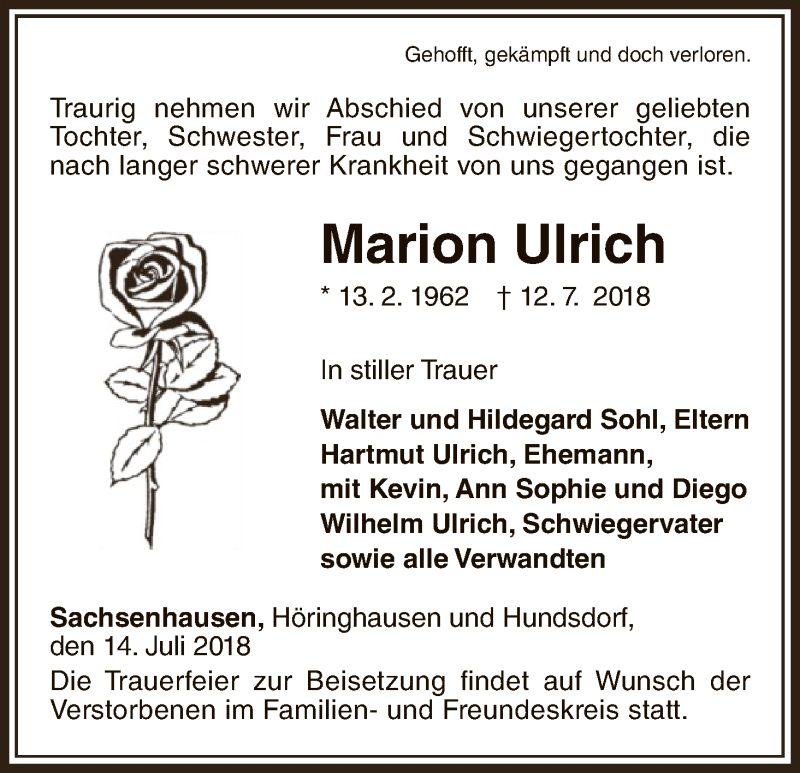  Traueranzeige für Marion Ulrich vom 14.07.2018 aus WLZ