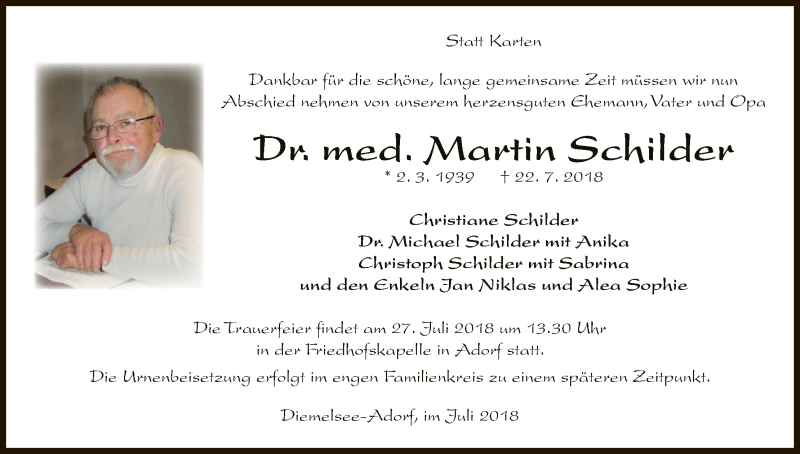  Traueranzeige für Martin Schilder vom 25.07.2018 aus WLZ