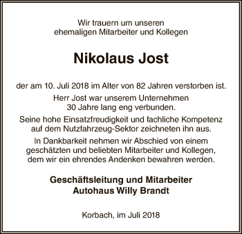 Traueranzeige von Nikolaus Jost von WLZ