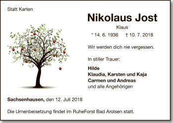 Traueranzeige von Nikolaus Jost von WLZ
