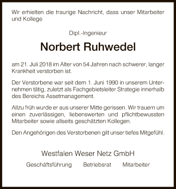 Traueranzeige von Norbert Ruhwedel von WLZ