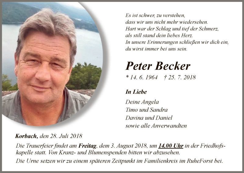  Traueranzeige für Peter Becker vom 28.07.2018 aus WLZ