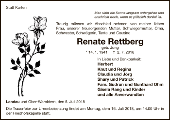 Traueranzeige von Renate Rettberg von WLZ