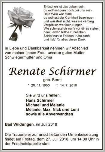 Traueranzeige von Renate Schirmer von WLZ