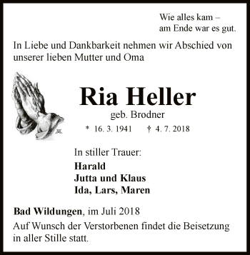Traueranzeige von Ria Heller von WLZ