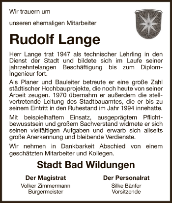 Traueranzeige von Rudolf Lange von WLZ