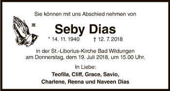 Traueranzeige von Seby Dias von WLZ
