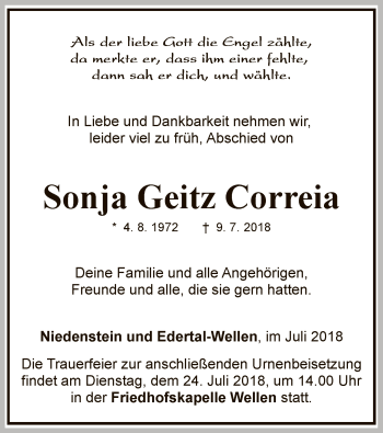 Traueranzeige von Sonja Geitz Correia von WLZ