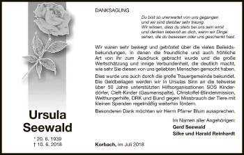 Traueranzeige von Ursula Seewald von WLZ