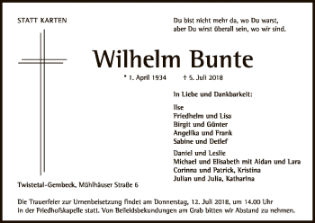 Traueranzeige von Wilhelm Bunte von WLZ