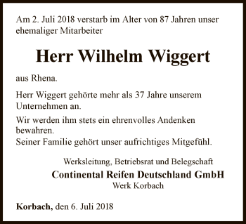 Traueranzeige von Wilhelm Wiggert von WLZ