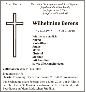 Traueranzeige von Wilhelmine Berens von WLZ