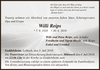Traueranzeige von Willi Reips von WLZ