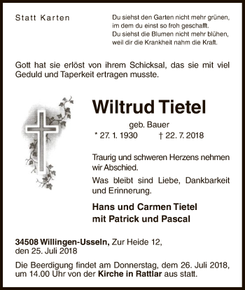 Traueranzeige von Wiltrud Tietel von WLZ