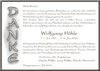 Traueranzeige von Wolfgang Höhle von WLZ