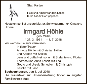 Traueranzeige von lrmgard Höhle von WLZ
