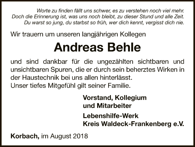  Traueranzeige für Andreas Behle vom 17.08.2018 aus WLZ