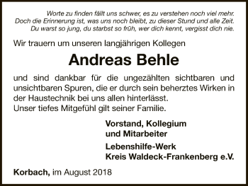 Traueranzeige von Andreas Behle von WLZ