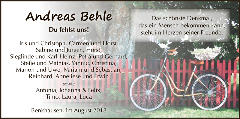  Traueranzeige für Andreas Behle vom 17.08.2018 aus WLZ