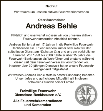 Traueranzeige von Andreas Behle von WLZ