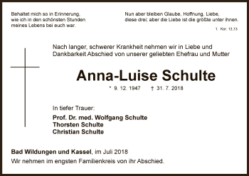 Traueranzeige von Anna-Luise Schulte von WLZ