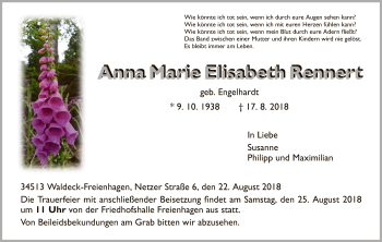 Traueranzeige von Anna Marie Elisabeth Rennert von WLZ