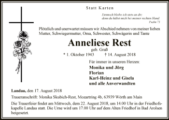 Traueranzeige von Anneliese Rest von WLZ