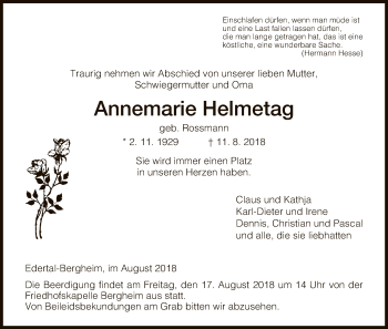 Traueranzeige von Annemarie Helmetag von WLZ