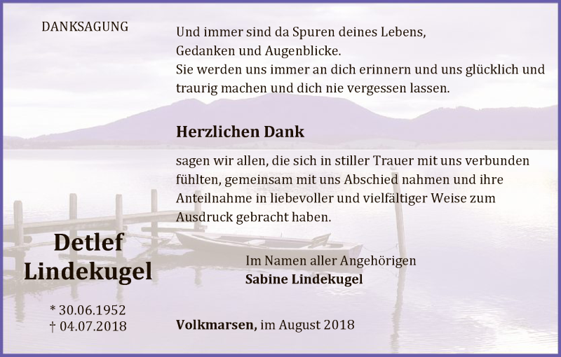  Traueranzeige für Detlef Lindekugel vom 18.08.2018 aus WLZ