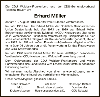 Traueranzeige von Erhard Müller von WLZ